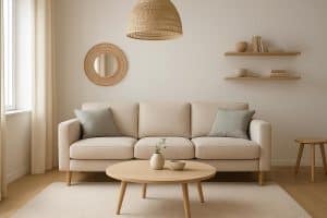 Idée déco salon scandinave avec canapé en lin beige pieds bois naturel, table basse ronde en bois clair, coussins en lin pastel, étagères murales en chêne clair et miroir en rotin pour ambiance douce et épurée