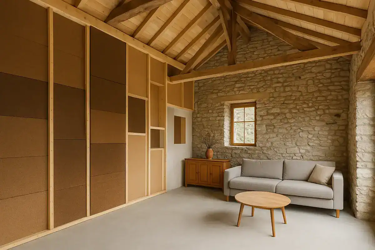 isolation thermique mixte ITE ITI pour murs en pierre conserves dans amenagement grange rustique