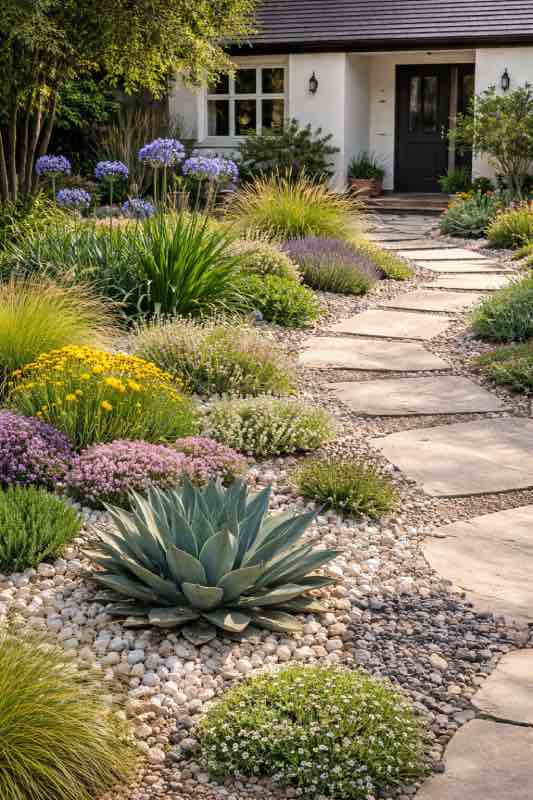 idée jardin devant maison avec plantes résistantes à la sécheresse et galets décoratifs