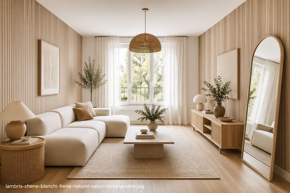Lambris bois chene blanchi frene naturel salon rectangulaire murs lateraux textures materiaux naturels