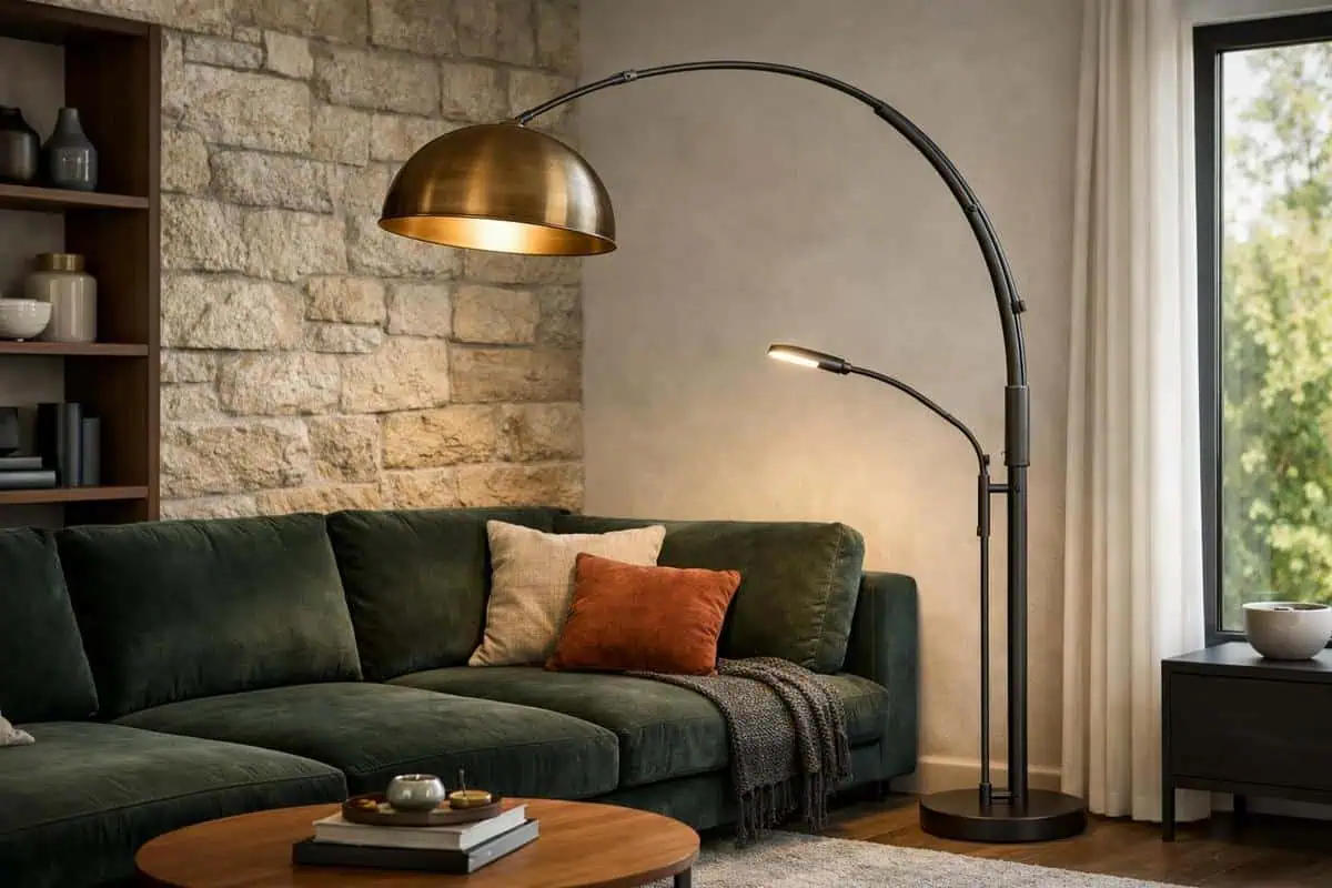 Lampadaire orientable avec bras télescopique métal noir et liseuse LED intégrée pour applique au-dessus canapé salon