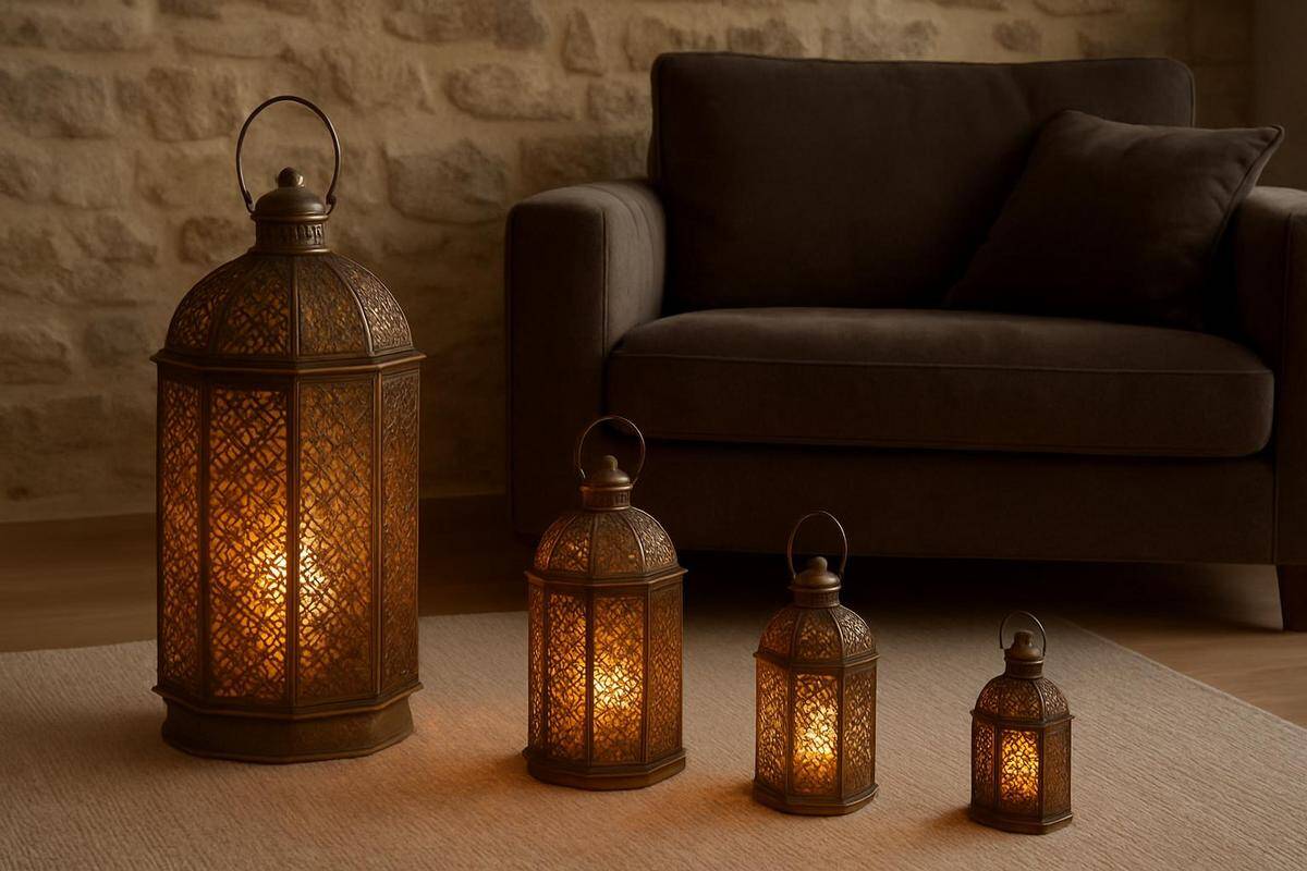 Lanternes bohème métal ajouré et photophores verre ambré pour éclairage salon, guirlandes lumineuses sources multiples