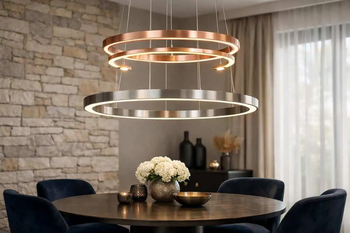 Lustre anneau circulaire en acier brossé avec LED périphériques pour éclairage fonctionnel table ronde salle à manger