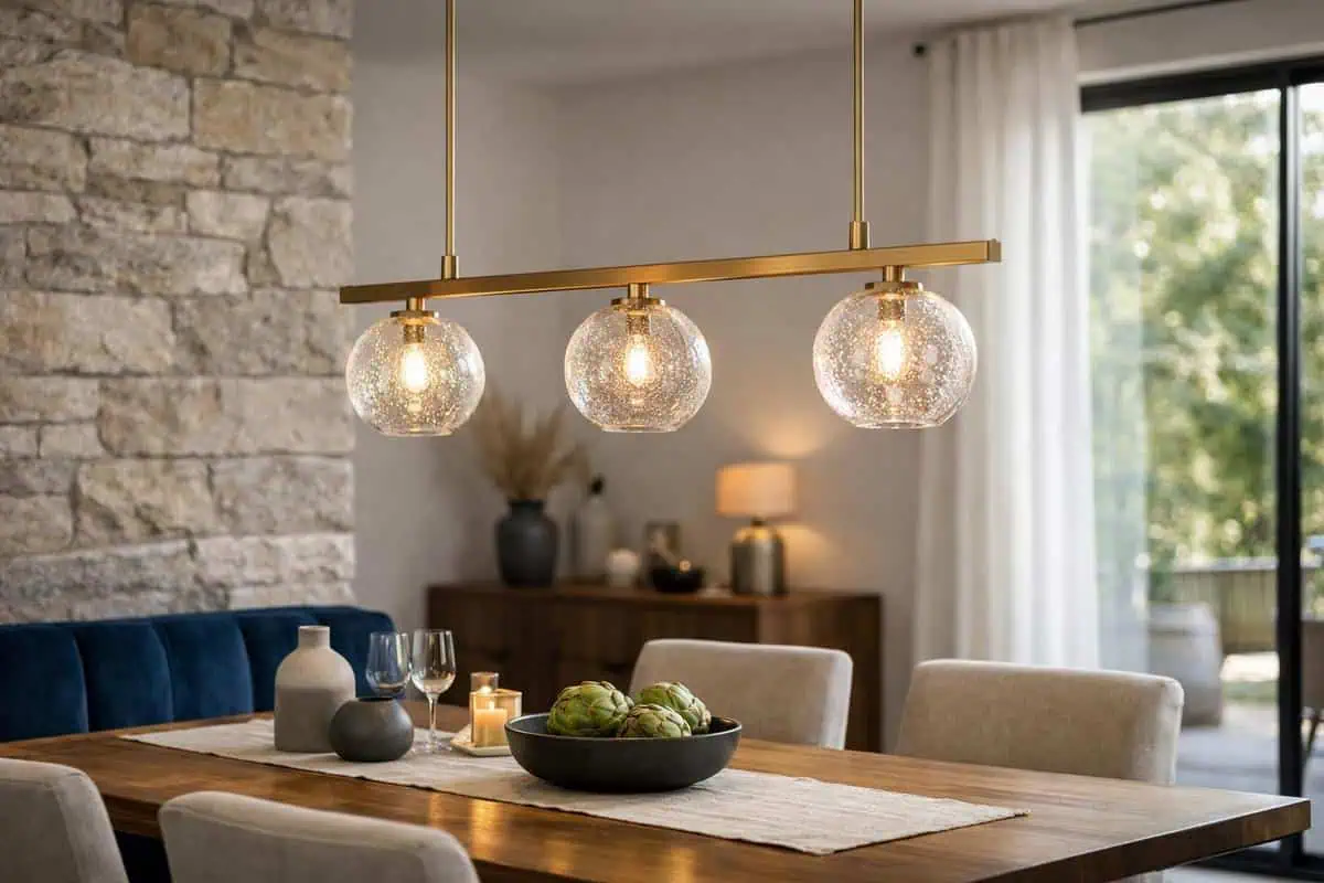 Lustre linéaire suspension avec globes verre soufflé et barre laiton brossé pour luminaire au-dessus table salle à manger