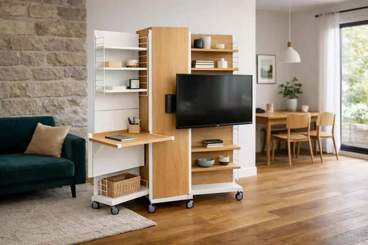 Meuble pivotant TV roulettes transformation bureau-salon petit espace 15m2 String Furniture