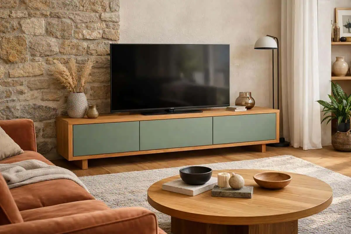 Meuble TV bi-matière avec façade vert sauge et structure en bois chêne massif huilé pour salon contemporain chaleureux