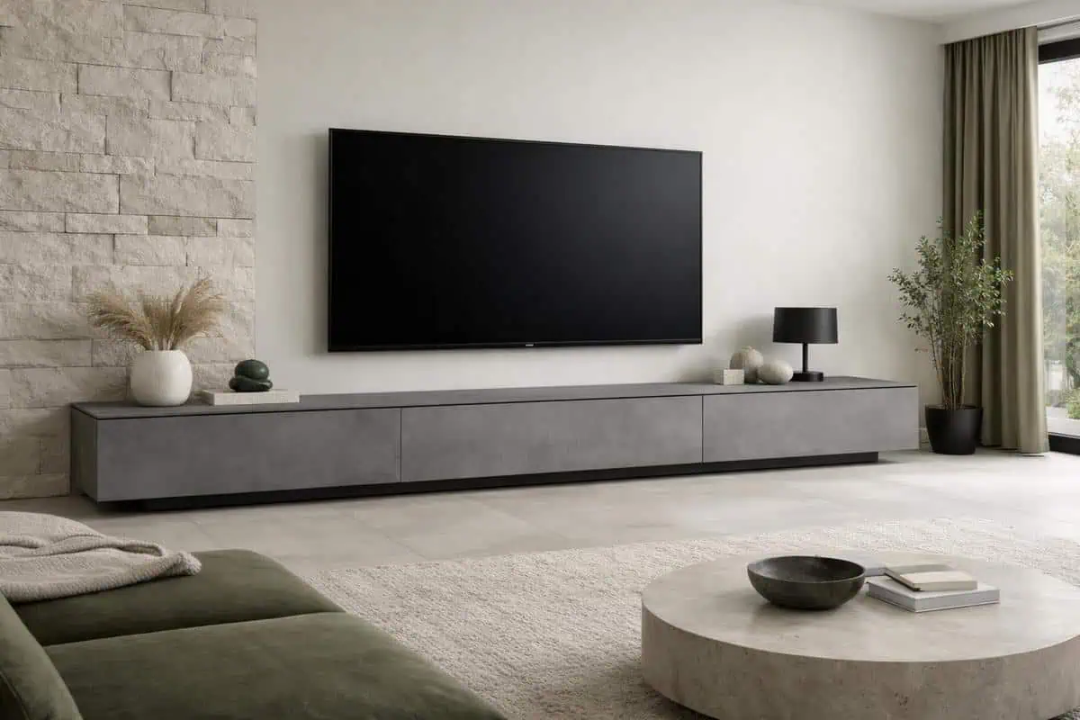Meuble TV épuré laqué mate en gris ciment avec lignes longues et système push-to-open pour salon contemporain minimaliste