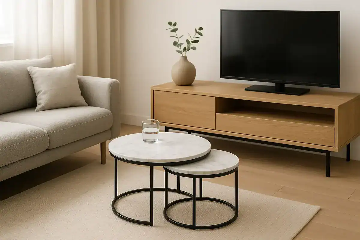 meuble tv lignes fines pieds apparents tables basses gigognes petit salon visuel leger