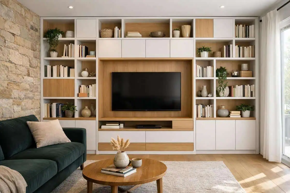Bibliothèque sur-mesure avec TV intégrée en niche centrale, caissons MDF laqué et rangements pour salon architectural