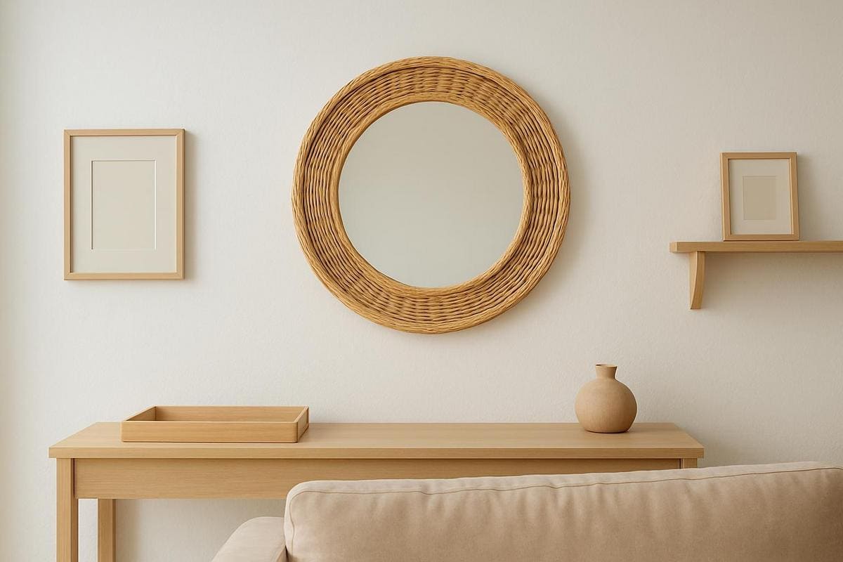 Miroir rond contour rotin naturel non teint salon scandinave palette claire couleurs claires style nordique