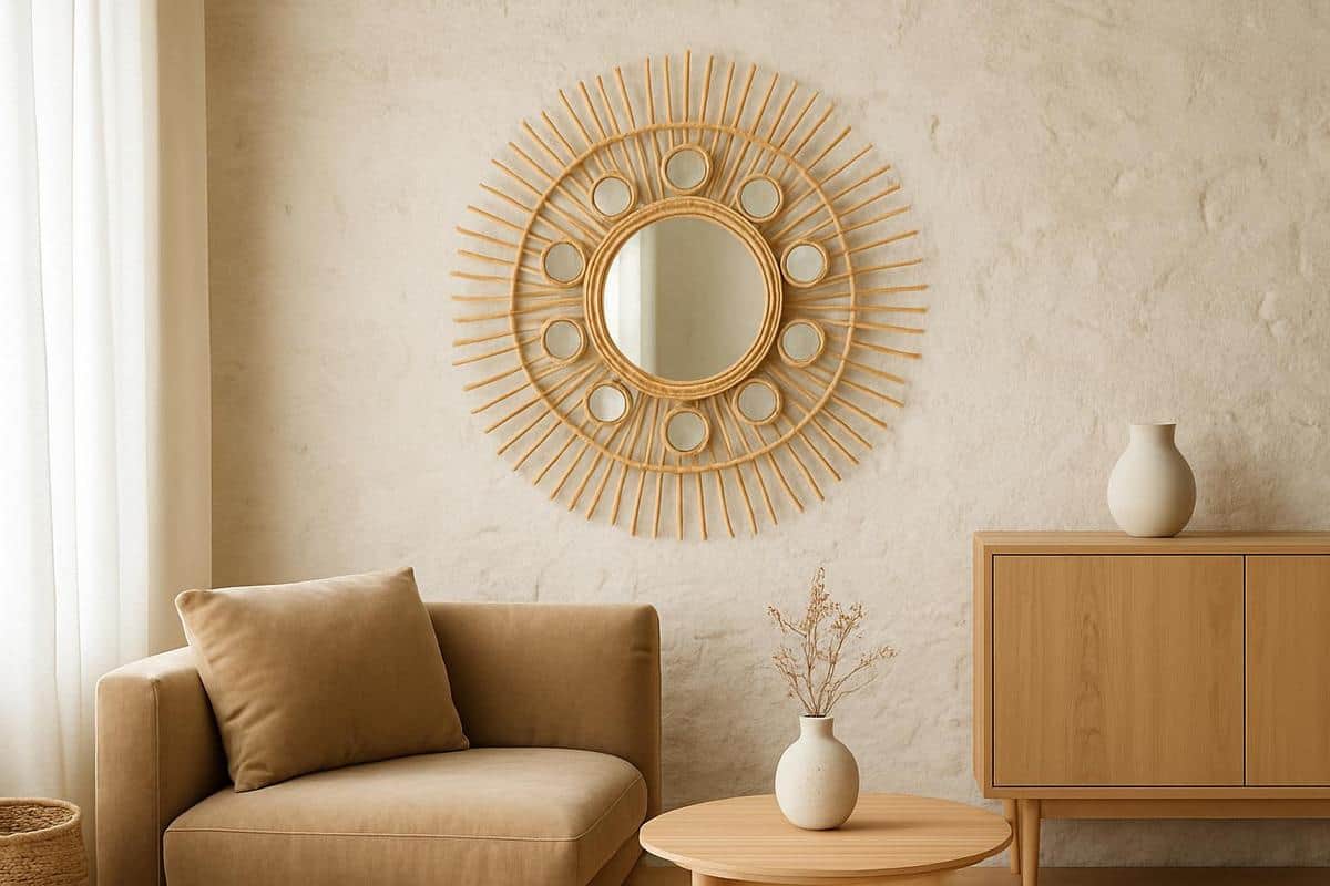 Miroir soleil en rotin naturel avec galerie de cadres bois brut et miroirs ronds pour decoration salon scandinave boheme