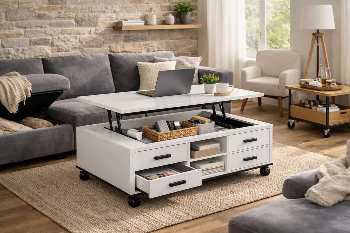 Meubles à roulettes mobiles flexibles pour salon rectangulaire, mobilier multifonctionnel reconfigurable pour aménagement salon en longueur