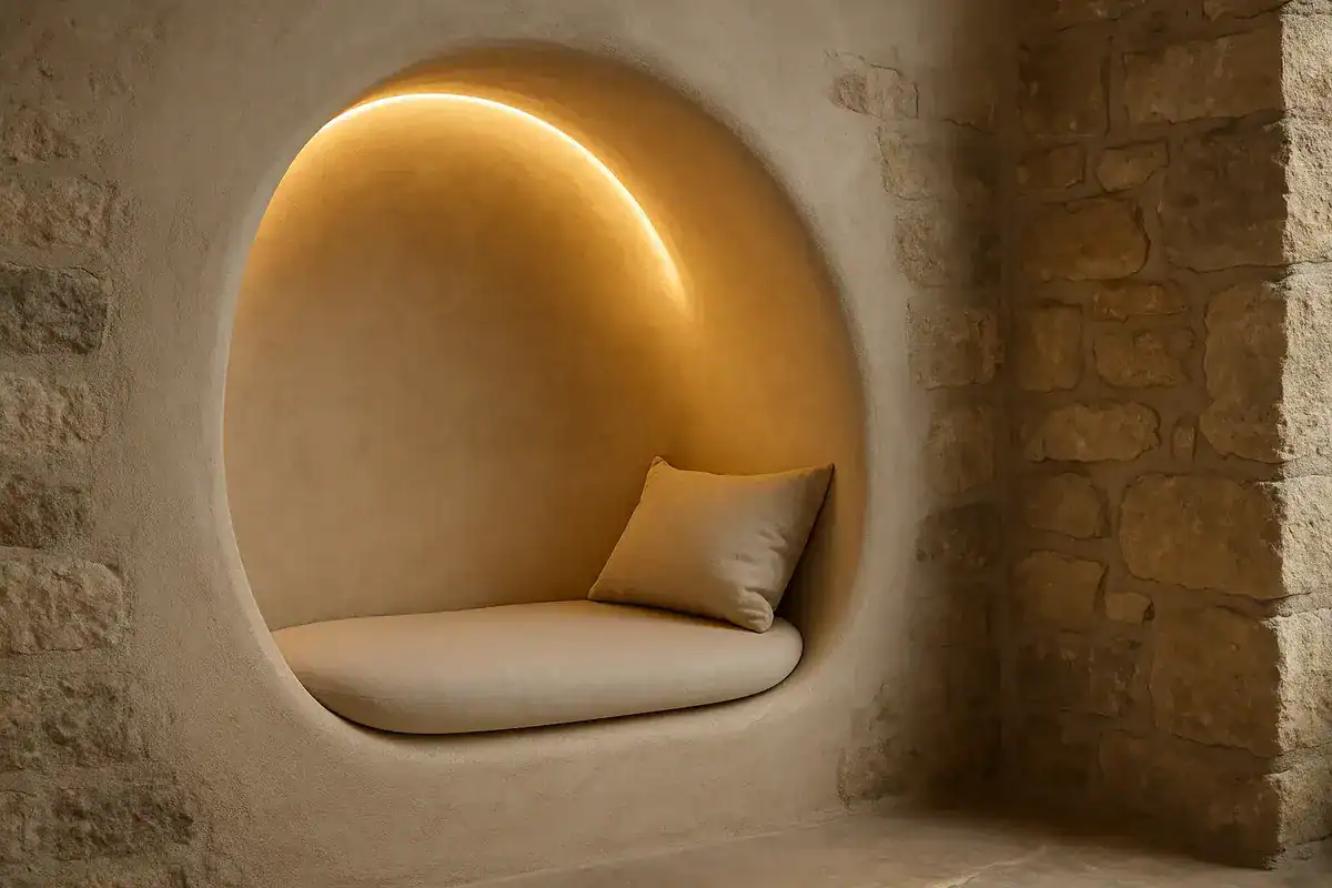 Niche-cocon creusée dans mur en tadelakt avec éclairage LED warm white pour aménagement grange bien-être