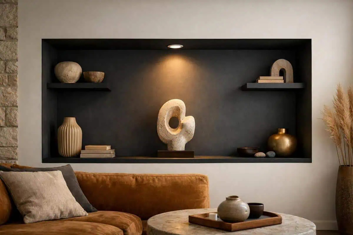 Niche TV encastrée avec éclairage LED intégré 2700K et mise en scène d'objets décoration salon TV galerie