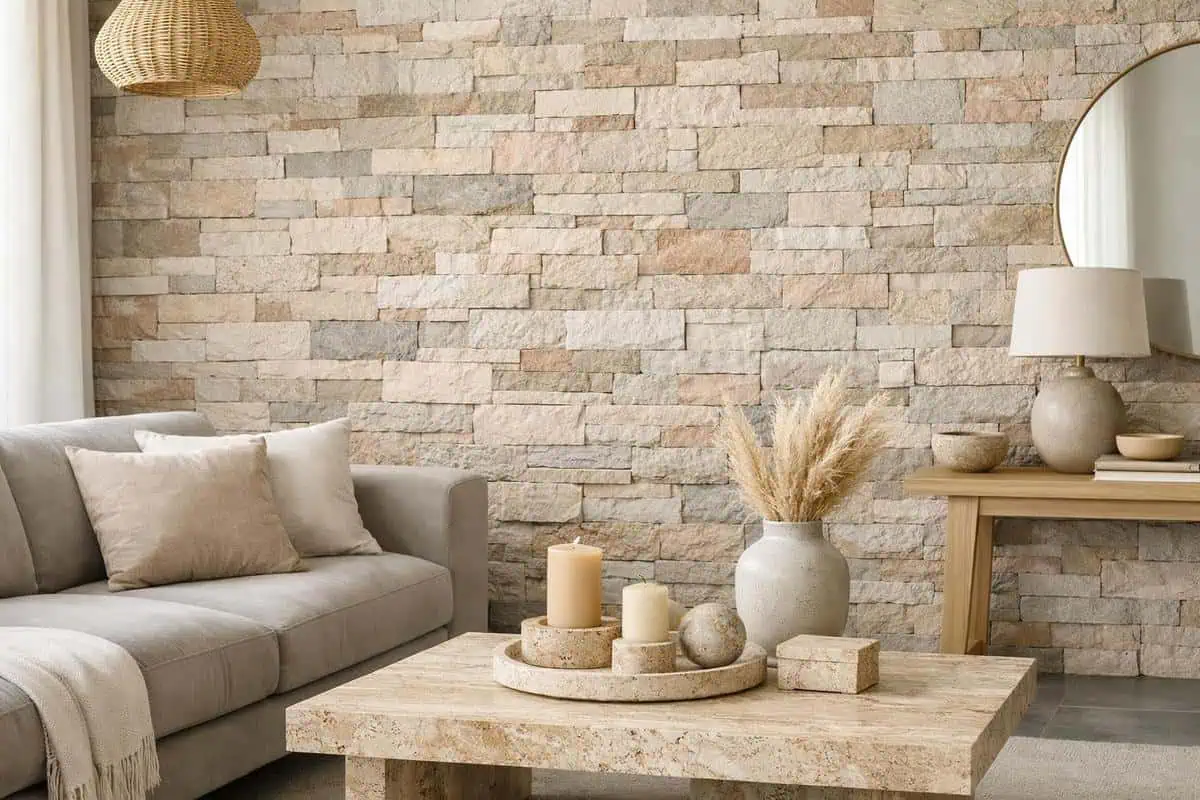 Parement mur pierre naturelle travertin beige rose pour salon minimaliste, carrelage gris clair, pierre calcaire reconstituée panneau adhésif