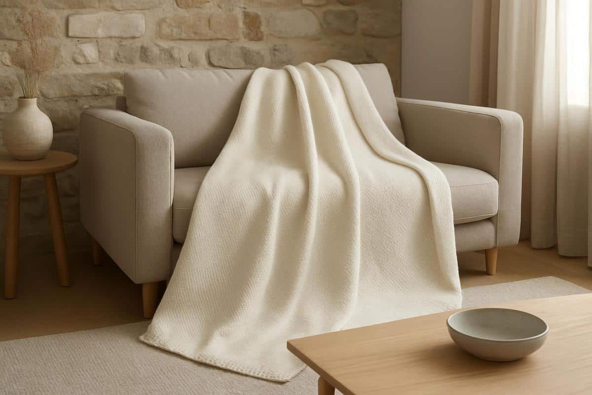 Plaid en laine merinos XXL 150x200 cm beige ecru pour salon scandinave cosy confortable