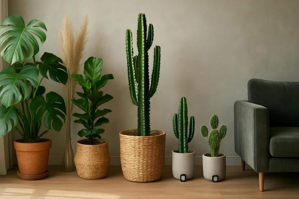 Composition de plantes d interieur monstera ficus herbes de la pampa et cactus dans pots terre cuite et cache pots tresses pour style scandinave boheme