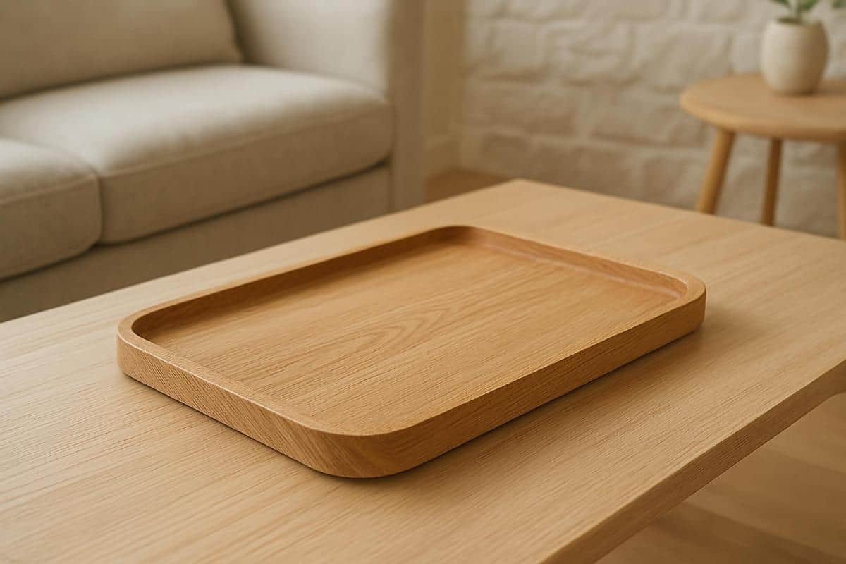 Plateau de service rectangulaire en chene massif huilé tons naturels du bois salon scandinave palette claire style nordique