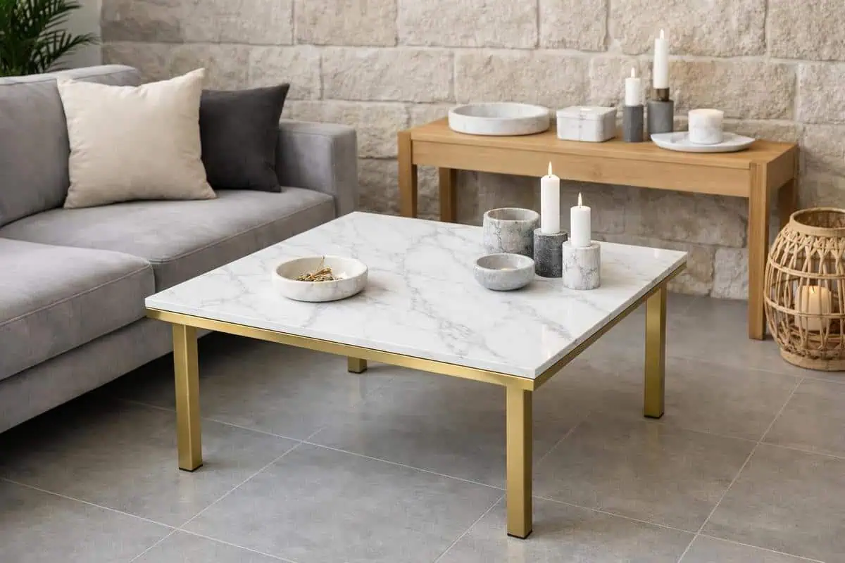 Plateau de table en marbre de Carrare synthétique blanc gris pour salon minimaliste chic avec carrelage gris clair, veinures imitation marbre naturel