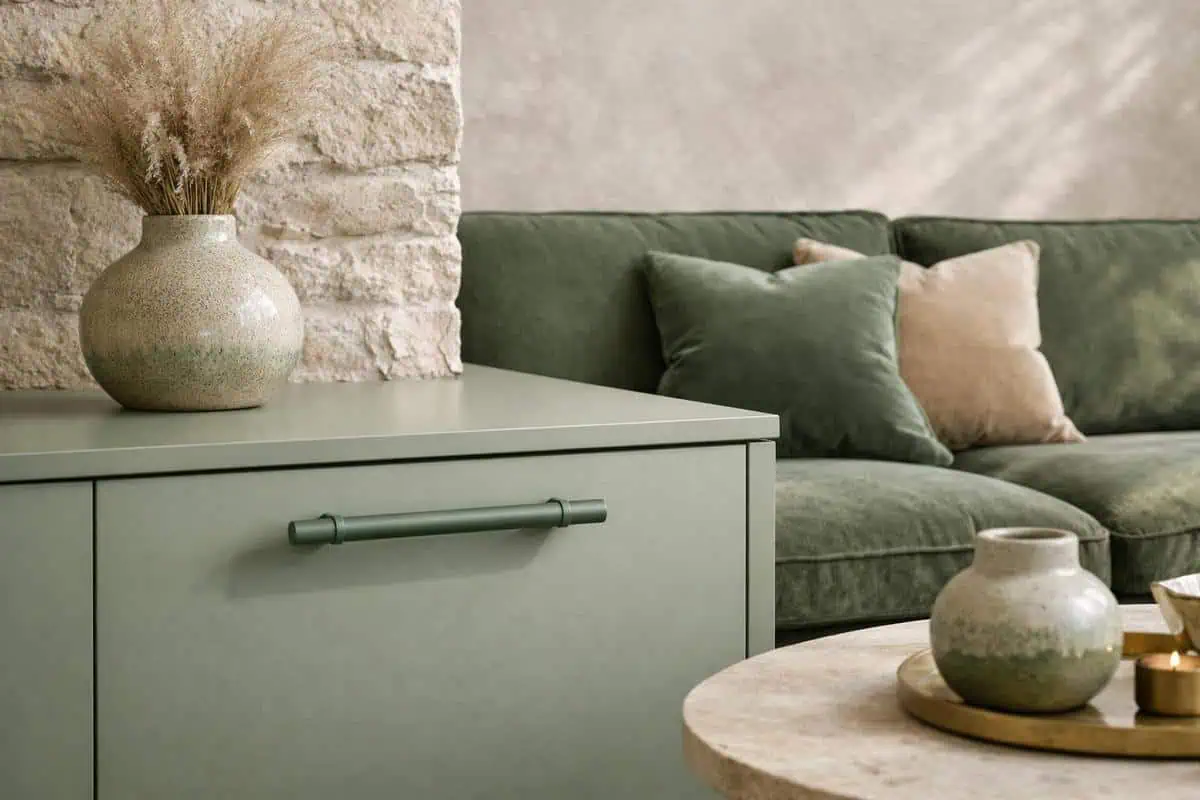 Poignées bijou forme organique ceramique verre souffle perle laiton martel meuble TV laque blush vert sauge