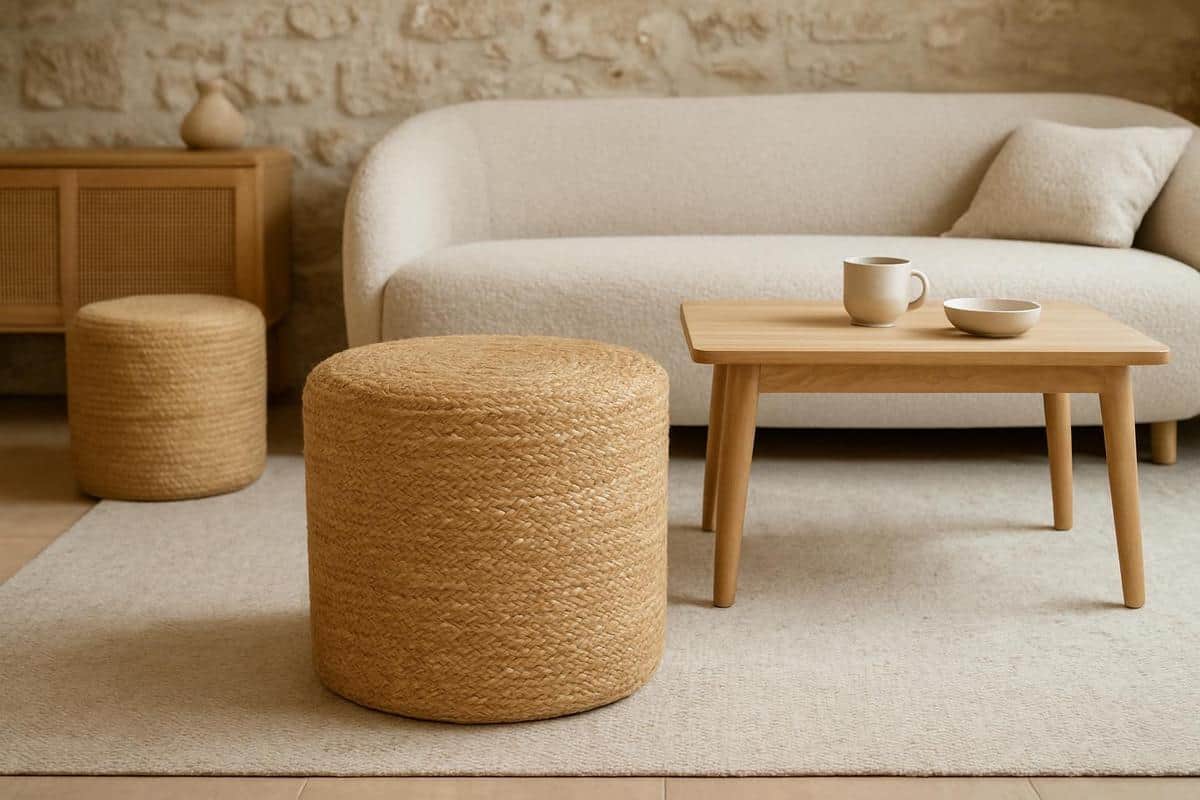 poufs cylindriques en jute tressae et pouf cubique en tissu boucle, assises texturees pour decoration salon boheme scandinave