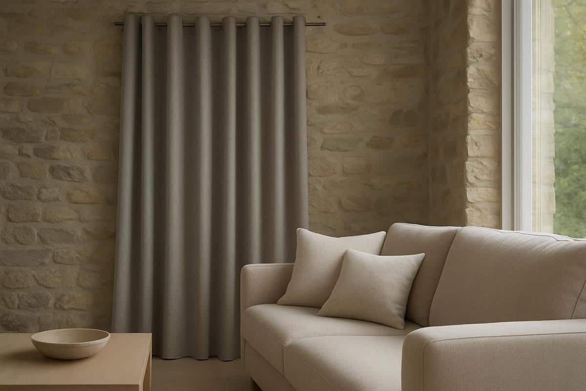 Rideaux en laine melangee et lin avec housses de coussins textile naturel pour decoration salon scandinave accessoires