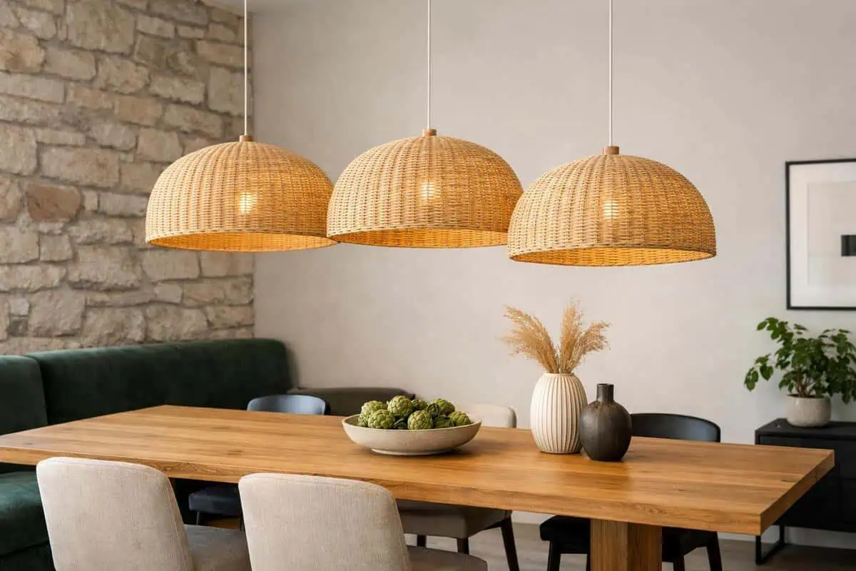 Suspension design rotin tressé dôme large, suspension salle à manger marques Bloomingville AM.PM, luminaire plafond chaleur naturelle