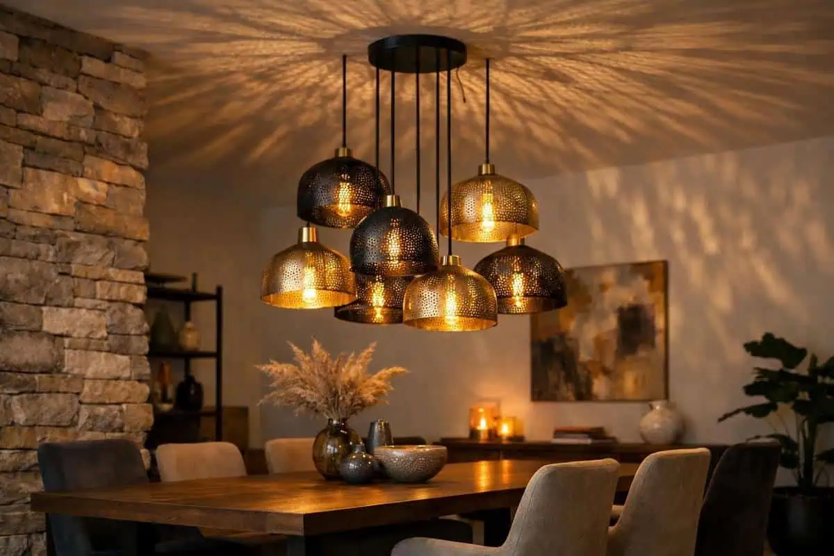 Suspension design métal perforé acier noir laiton brossé, suspension salle à manger contemporaine, jeux d'ombre lumineuse plafond