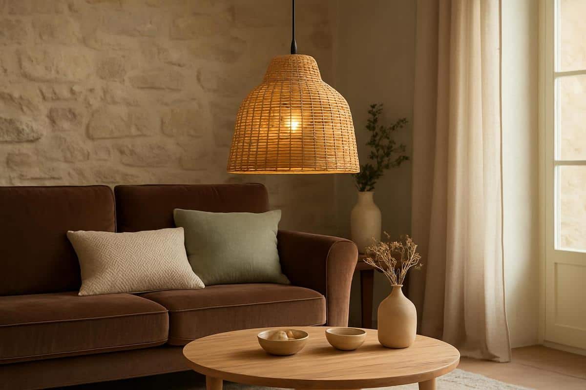 Suspension en rotin tressé main et fibres végétales pour une ambiance scandinave authentique