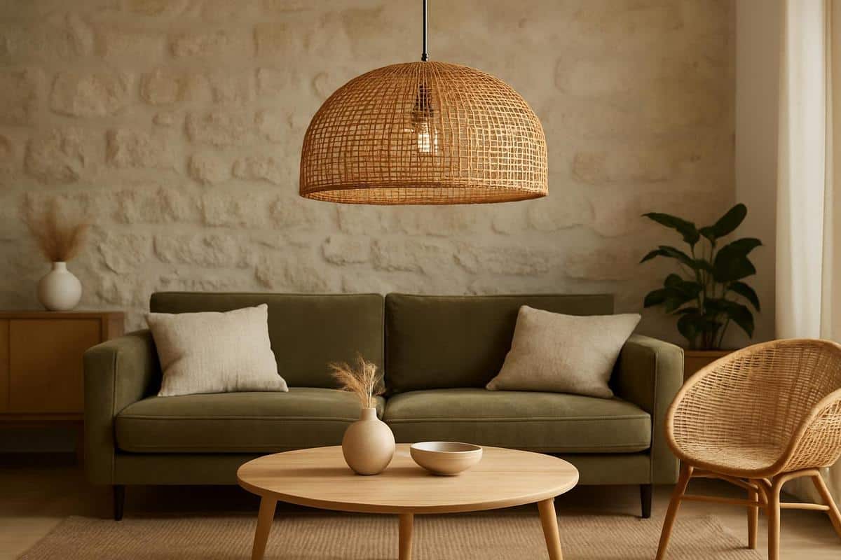 Suspension en rotin tissé main 40-60 cm diamètre, fibres naturelles pour éclairage salon scandinave bohème avec lumière tamisée