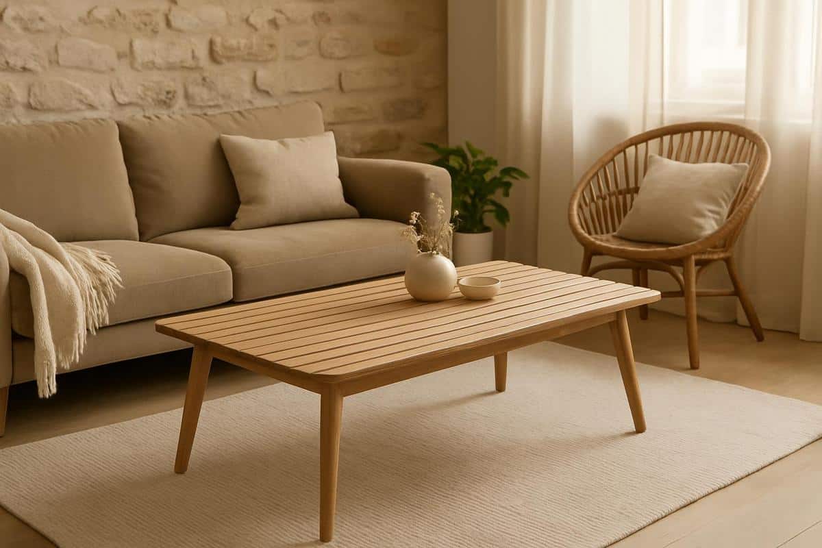 table basse en chene massif clair avec lignes epurees et pieds incliness, style mobilier scandinave boheme