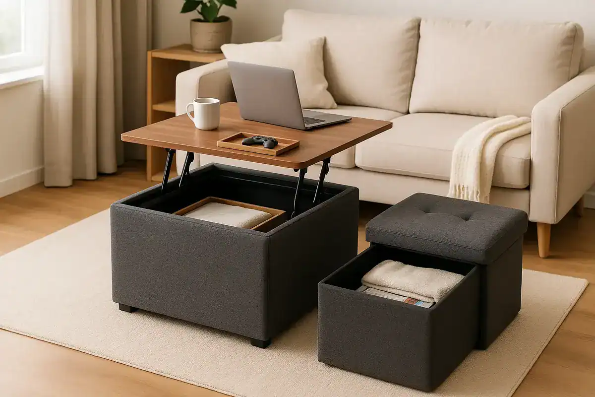 table basse relevable pouf coffre rangement multifonction petit salon gain place