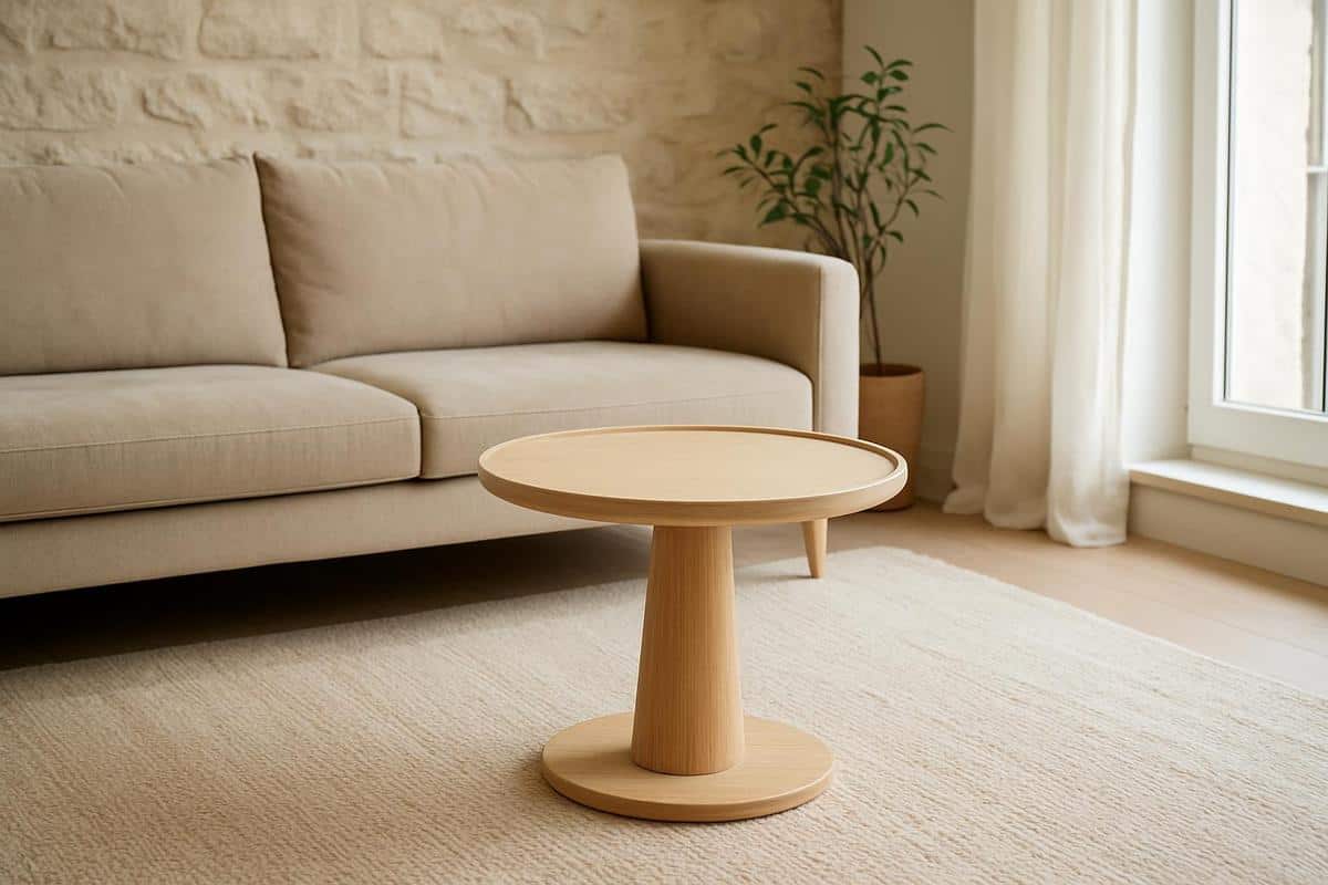 table basse ronde en bois naturel clair, design minimaliste scandinave pour salon épuré