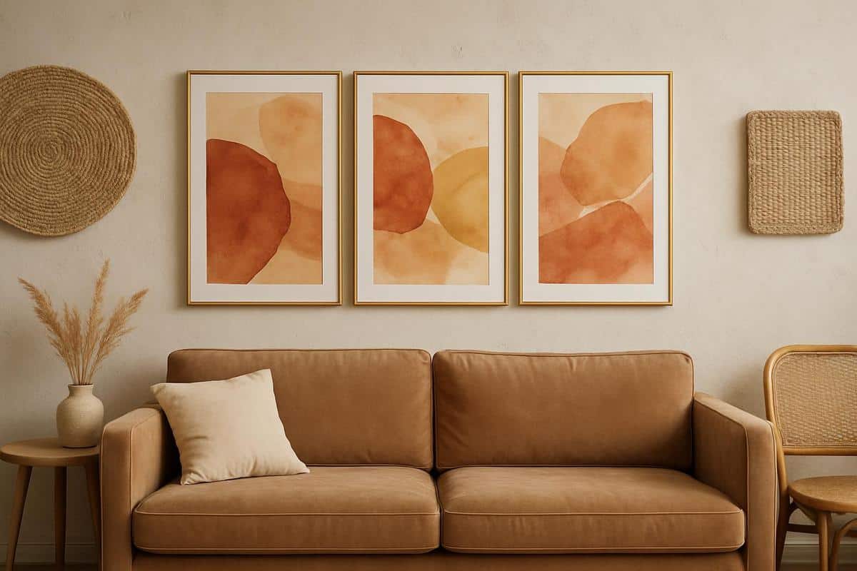 Tableaux artistiques triptyque aquarelle abstraite pigments terracotta ocre cadres dores mat decoration boheme