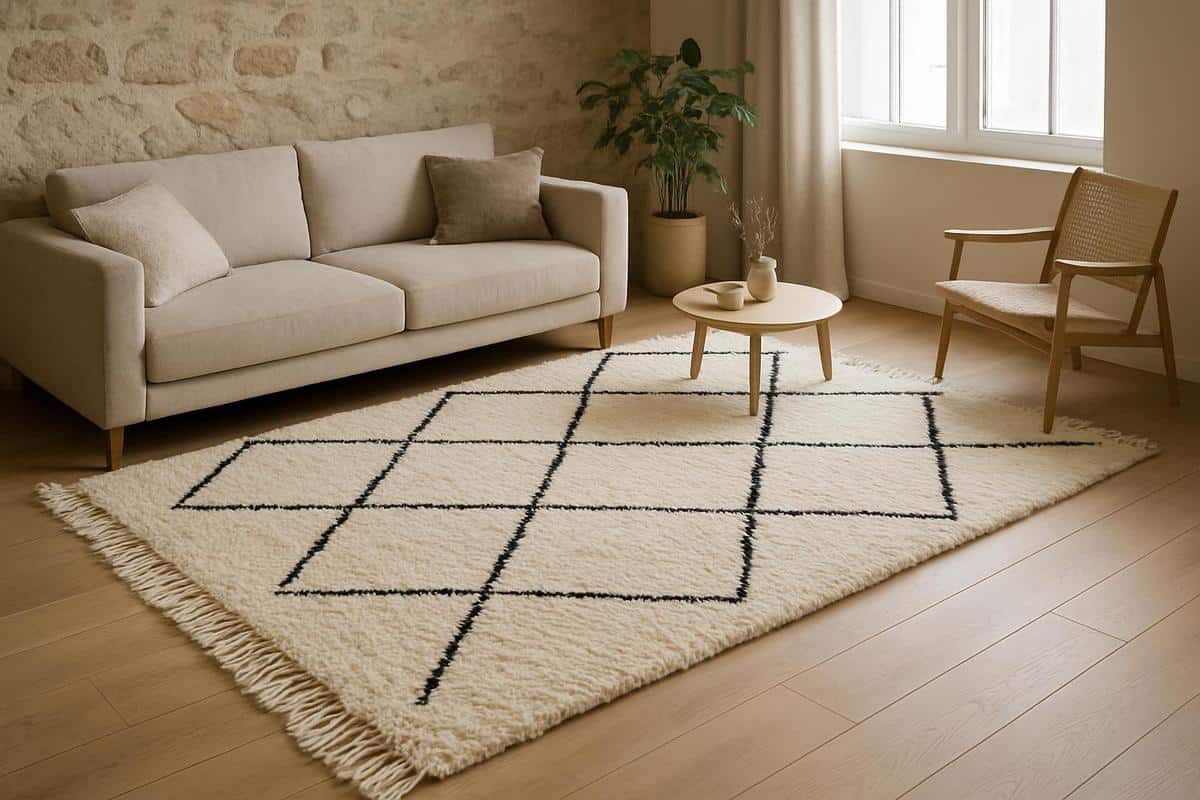 Tapis berbère Beni Ouarain en laine vierge avec motifs losanges noirs, tapis texturé pour decoration salon scandinave bohème