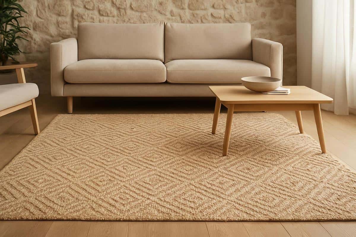 Tapis jute sisal fibres naturelles 200x300 cm beige miel salon scandinave minimaliste cosy