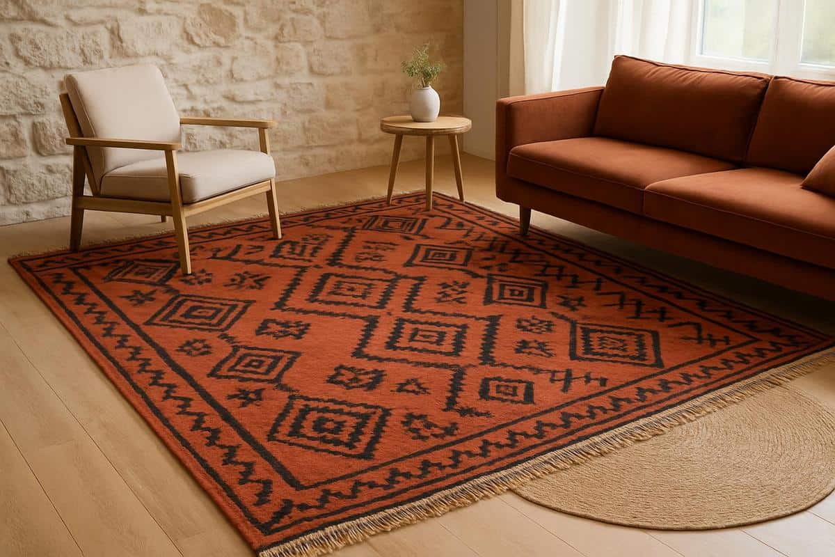 Tapis kilim laine naturelle motifs geometriques berberes terracotta noir base decoration boheme scandinave