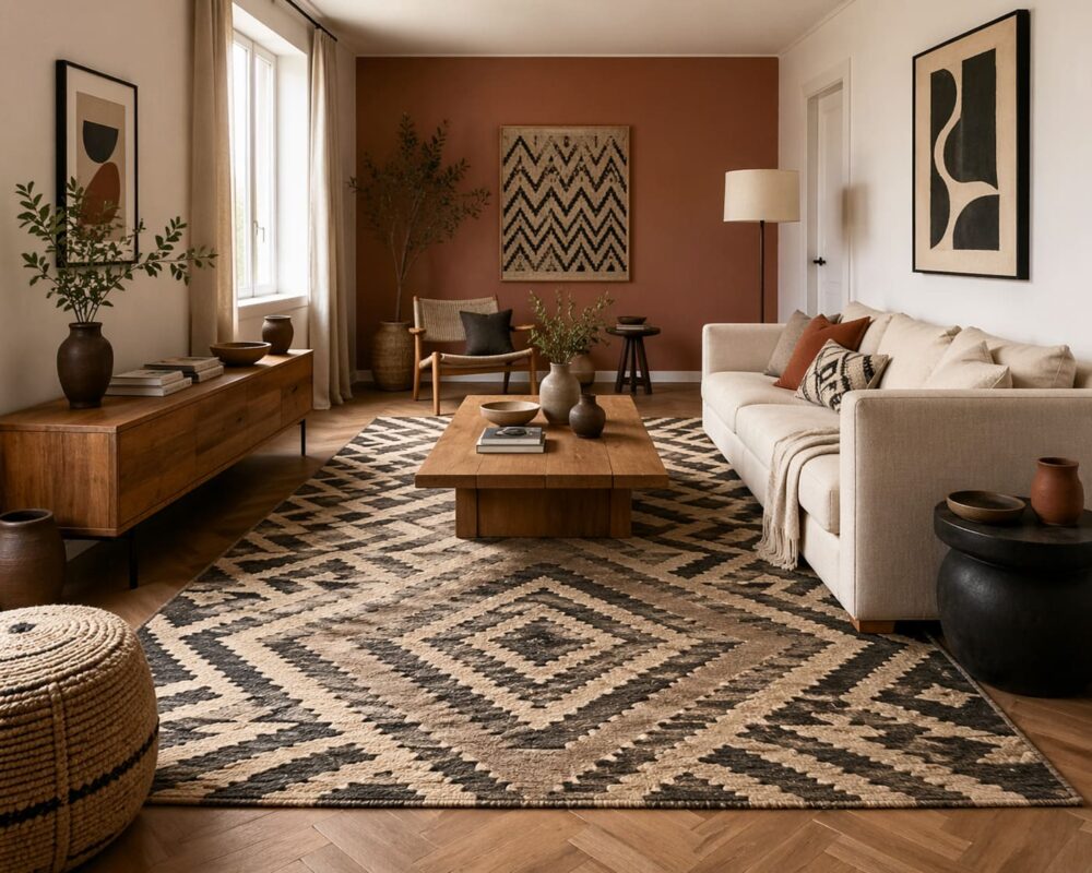 Tapis laine chevron kilim geometrique salon rectangulaire