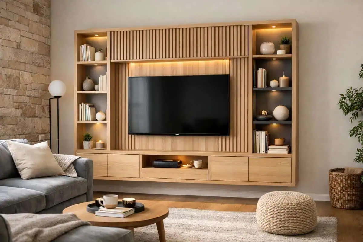 Tasseaux bois décoratifs encadrant TV suspendue dans bibliothèque, style scandinave minimaliste salon