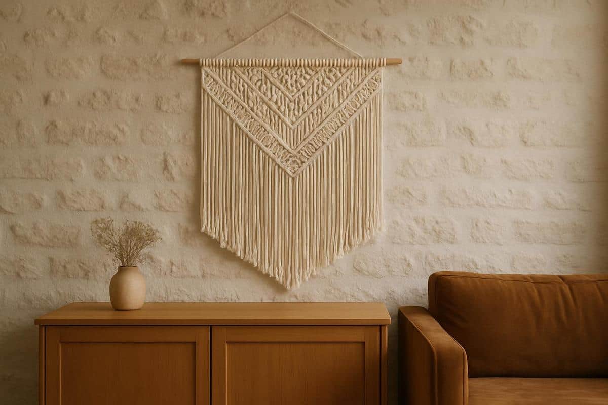 Tenture murale macramé en corde de coton naturel, decoration artisanale bohème pour salon avec motifs ethniques