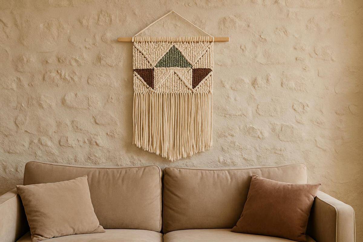 Tenture macramé en coton et jute tissé main pour déco murale scandinave et espace convivial fluide