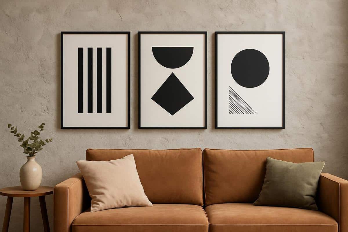 Trio de cadres noirs avec motifs géométriques abstraits pour décoration murale scandinave et aménagement épuré