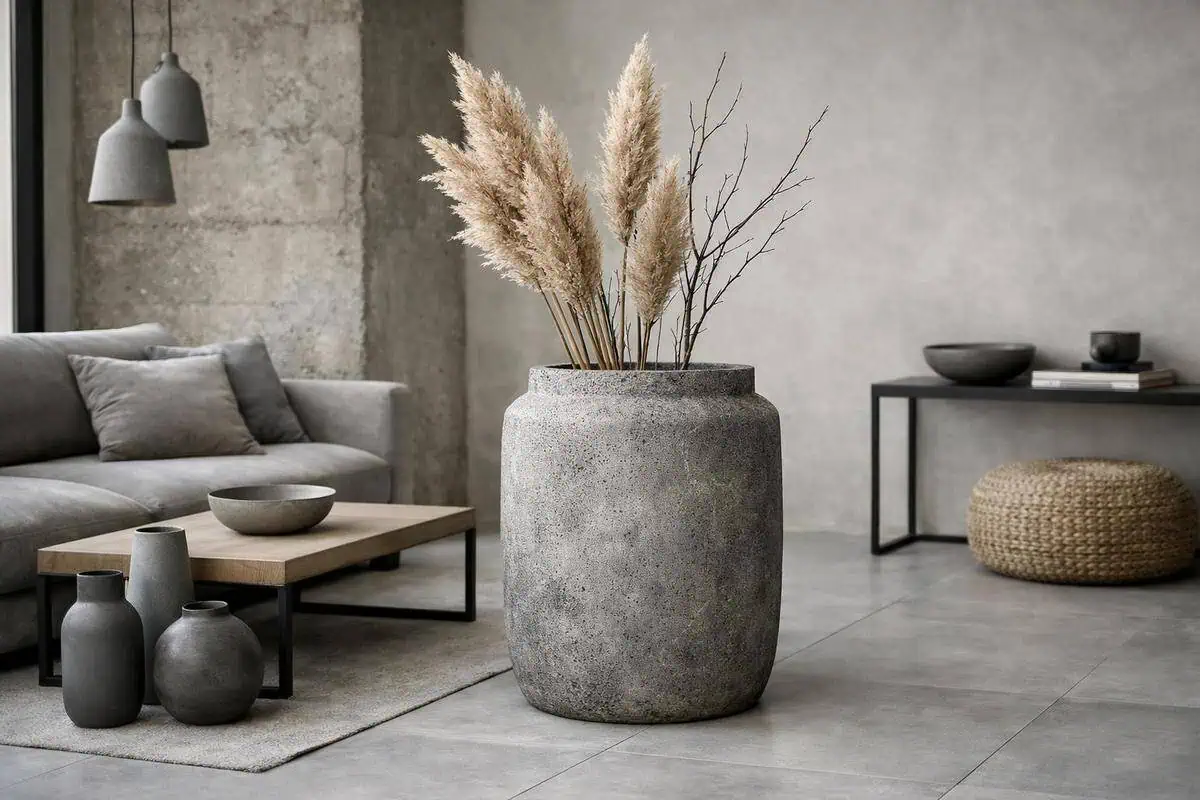 Vases gris mat en ciment et grès pour décoration salon minimaliste, effet béton épuré avec carrelage gris clair, texture poreuse granuleuse