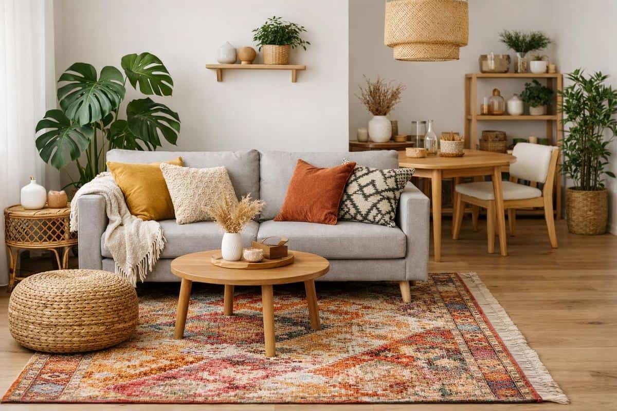 Accessoires déco aménagement salon salle à manger avec tapis coloré naturel plantes vertes Monstera coussins plaids pour petit espace 20m2