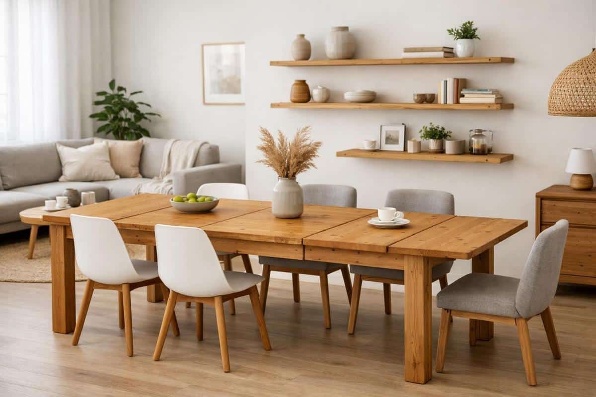 Aménagement salon salle à manger style scandinave épuré avec table extensible bois et étagères murales minimalistes en pin huilé