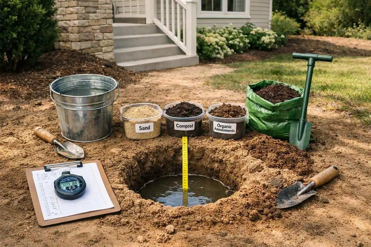 Analyse composition sol drainage pente terrain pour planification aménagement paysager devant maison