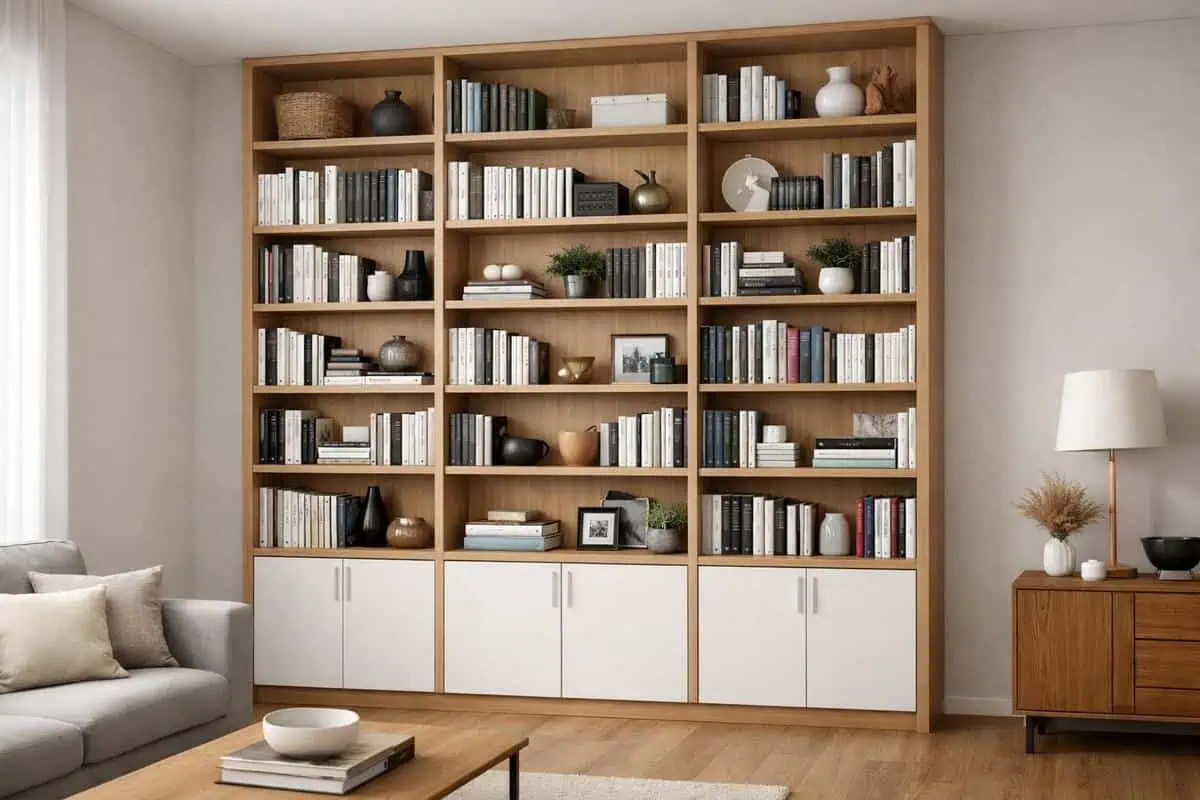 Bibliothèque mur de rangement intégré du sol au plafond pour salon rectangulaire optimisant l'espace vertical