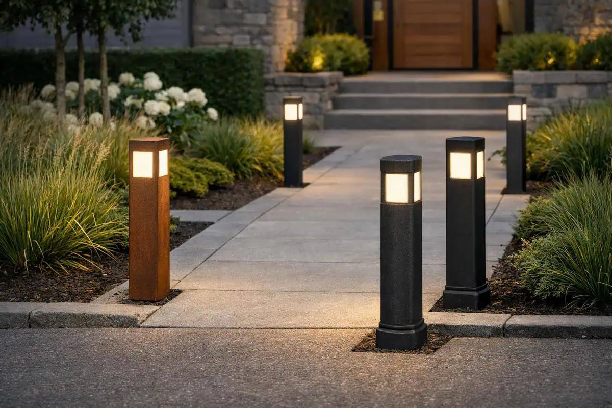 bornes balustres éclairage LED basse tension délimitant entrée aménagement sécurisé