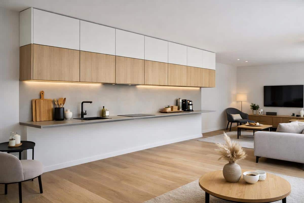 Caissons suspendus pour transition harmonieuse et circulation fluide entre cuisine et salon