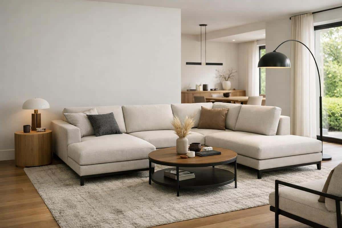 Canapé d'angle configuration rupture visuelle salon rectangulaire longueur aménagement espacé